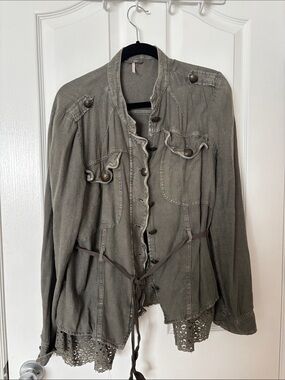 Free People Olive Green Utility Jacket with Crochet Hem